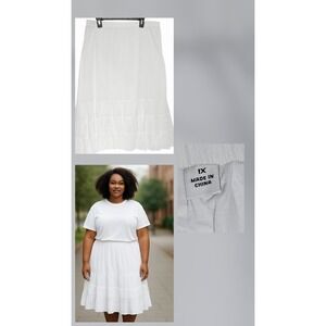 D & Co White Midi‎ Tiered Ruffle Skirt Size 1x Elastic Waist Gauzy Summer Cotton